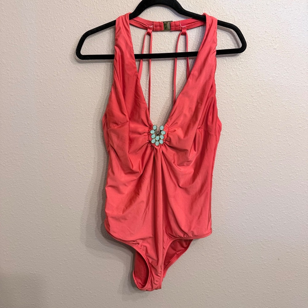 Trina Turk Bijou Plunge One Piece Swimsuit Poppy Red Turquoise Beaded Size 18W